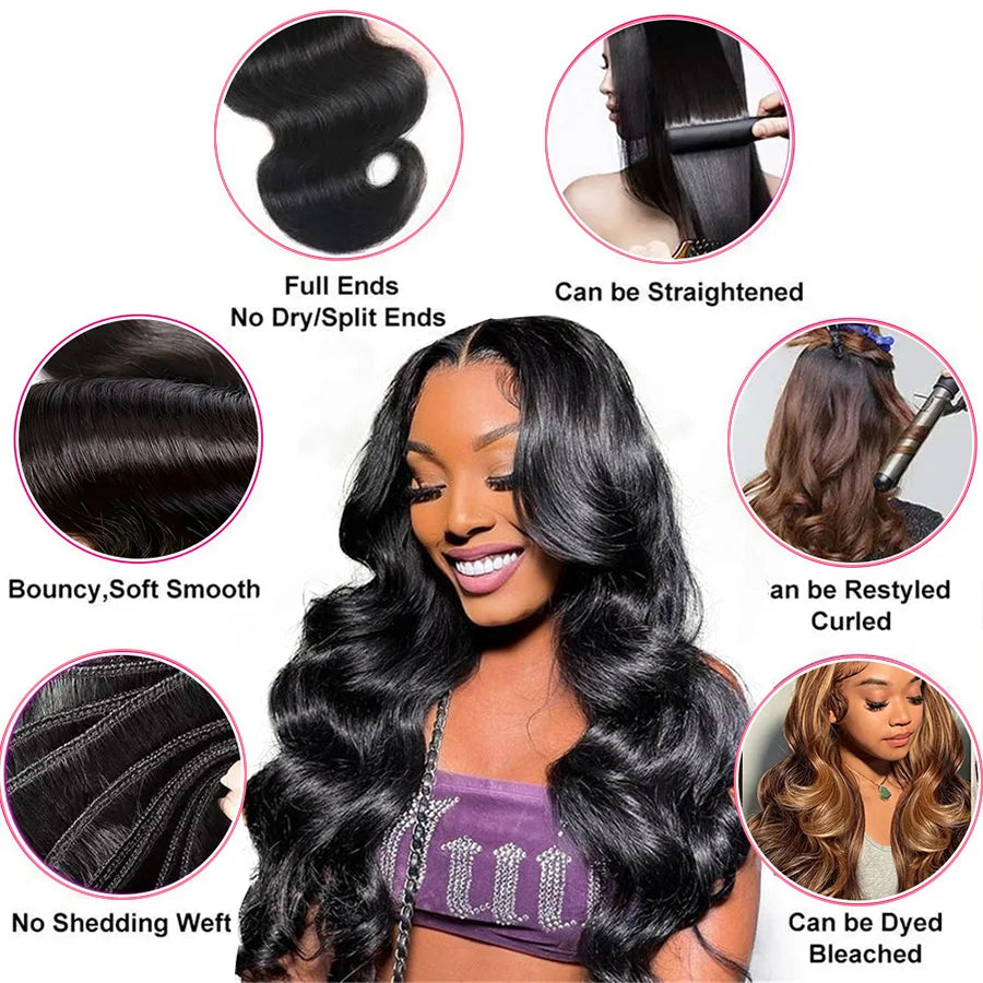 Body Wave Bundles – 100% Brazilian Human Hair Weave Extensions, Natural Black, 3PCS Bundle Deal
