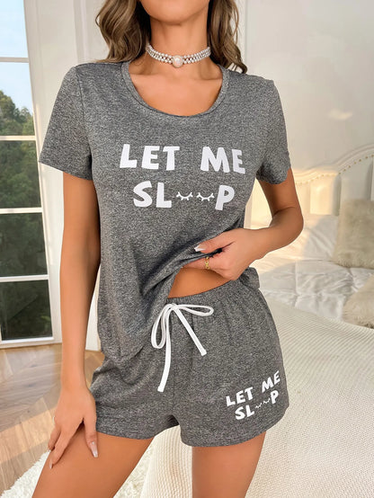 Women's Gray Letter Print Pajamas Set – Casual Two-Piece Homewear with Top and Shorts