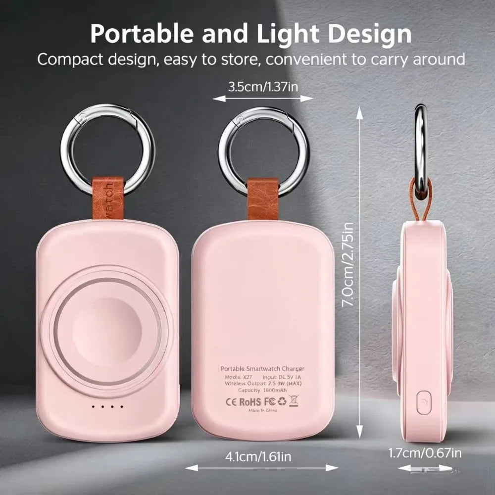 Portable Magnetic Apple Watch Charger - 1800mAh Keychain Charging Dock for Apple Watch Ultra, Series 4–11 and SE