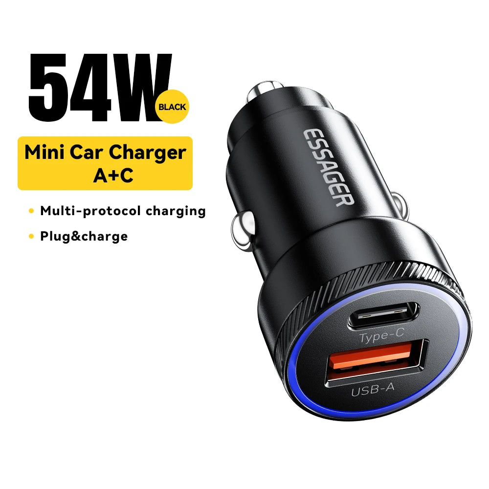 Essager 54W USB Car Charger – 5A Fast Charging Adapter with QC 3.0, SCP & AFC 30W Type-C Dual Port Quick Charger for iPhone, Samsung, Huawei, Xiaomi & Poco Devices