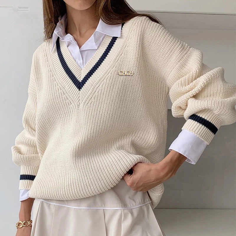 Women's Spliced Knit Sweater - Elegant Long Sleeve Casual Commuter Top