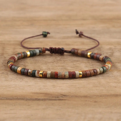 Natural Blue Emperor Stone Beaded Bracelet – Polished Block Beads, Adjustable Woven Rope Women’s Gift Jewelry