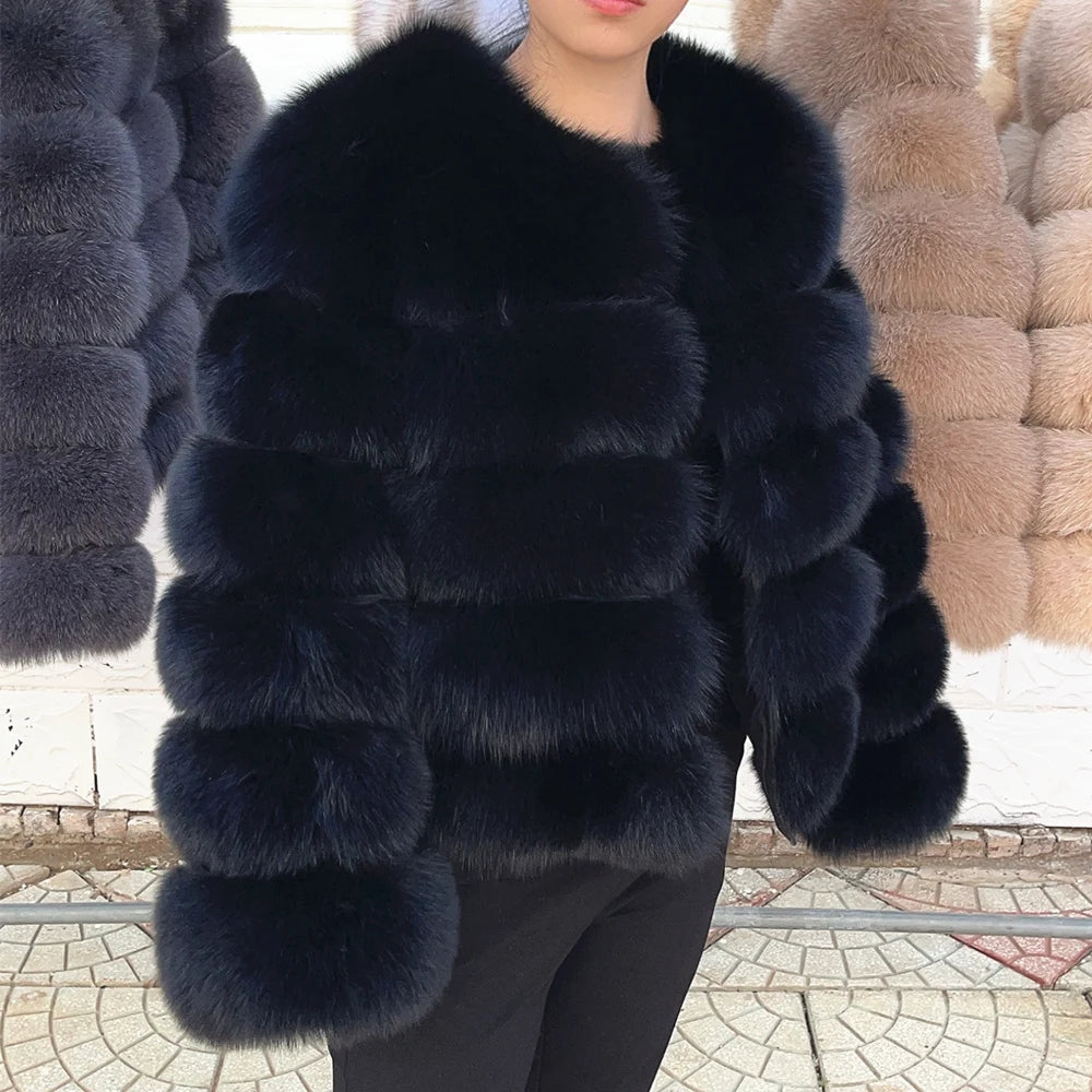 QUEENTINA Women’s Real Fox Fur Coat – Brown Leather & Skin Winter Fashion Outerwear 2025