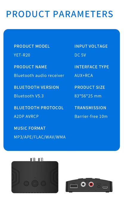 Bluetooth 5.3 Audio Receiver – 3.5mm AUX, RCA & USB Wireless Music Adapter for Car & Speaker