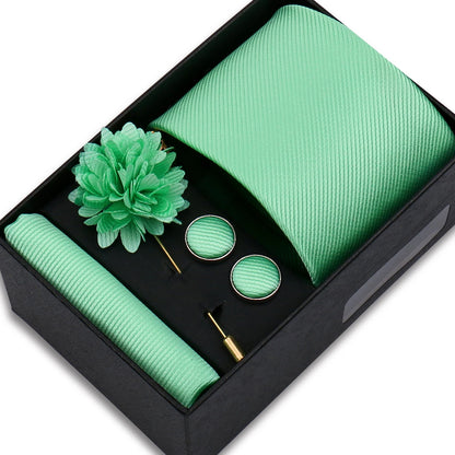 Men's Solid Color Tie Set - Jacquard Necktie, Hanky, Cufflinks & Brooch Gift Box for Weddings