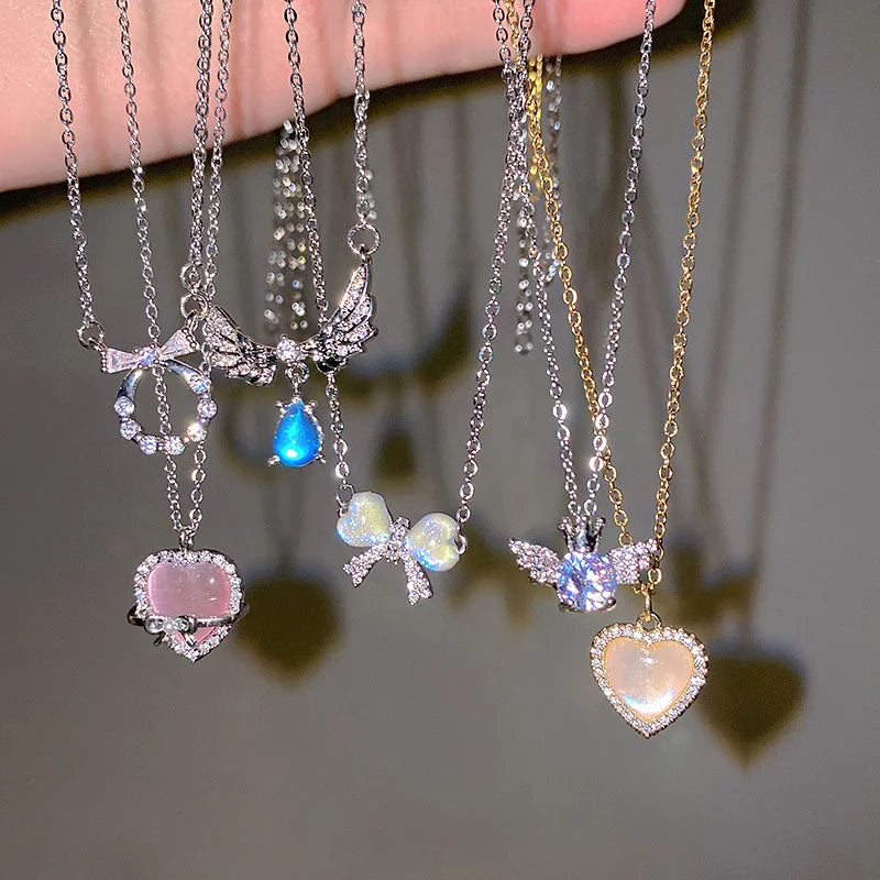 Y2K Crystal Bow Angel Wings Necklace - Heart Pendant Clavicle Chain for Women Trendy Aesthetic Jewelry
