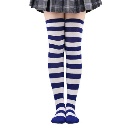 Color Striped Japanese Over-Knee Socks – Fashionable Slim Fit Black & White Stockings for Women