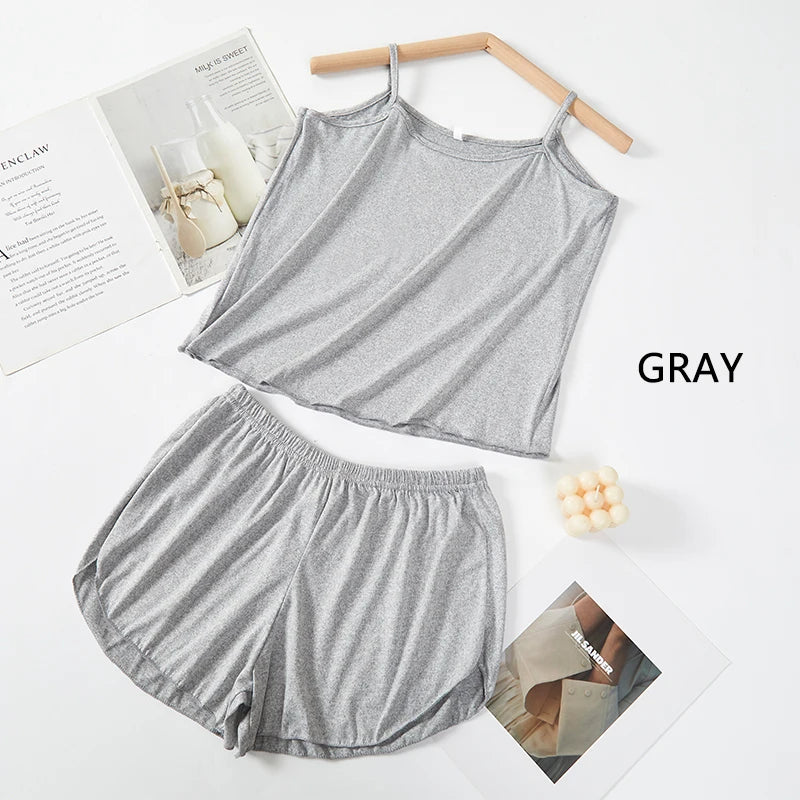 Women’s Summer Pajama Set – Pink & Gray Camisole with Shorts, Soft Nightwear XL XXL