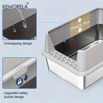 Super Large XL Stainless Steel Cat Litter Box with Lid – High Side Closed Design for Large & Small Cats, Includes Scoop