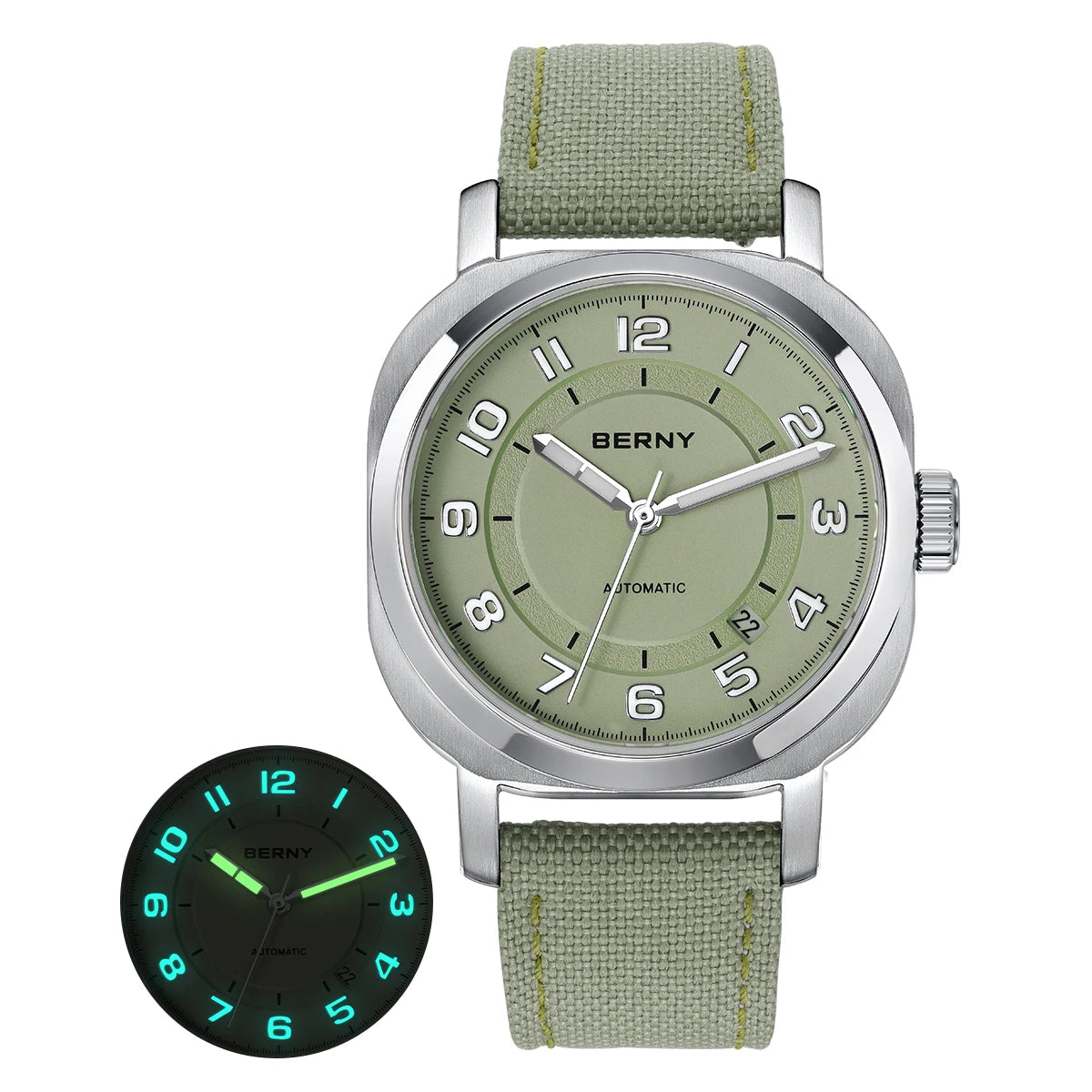 BERNY Women’s Mechanical Watch — Self-Wind Pillow Cushion Design with Sapphire Crystal, Super Luminous Display, Canvas Strap, and Calendar Function