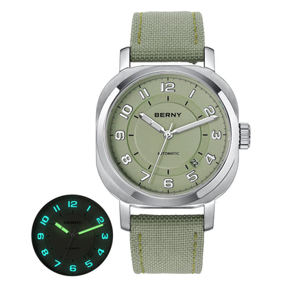 BERNY Women’s Mechanical Watch — Self-Wind Pillow Cushion Design with Sapphire Crystal, Super Luminous Display, Canvas Strap, and Calendar Function