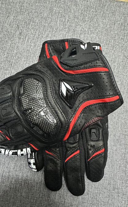Motorcycle Gloves – Black Racing Genuine Leather, White Road Riding Team Gloves for Men, Summer & Winter with Touch Screen Compatibility