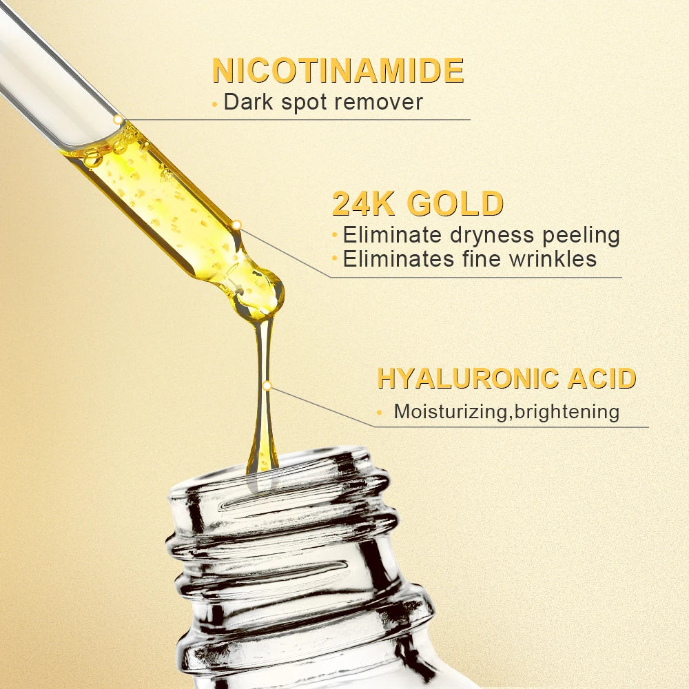 Niacinamide 24K Gold Face Serum — Hyaluronic Acid Whitening Dark Spot Corrector Skincare Essence