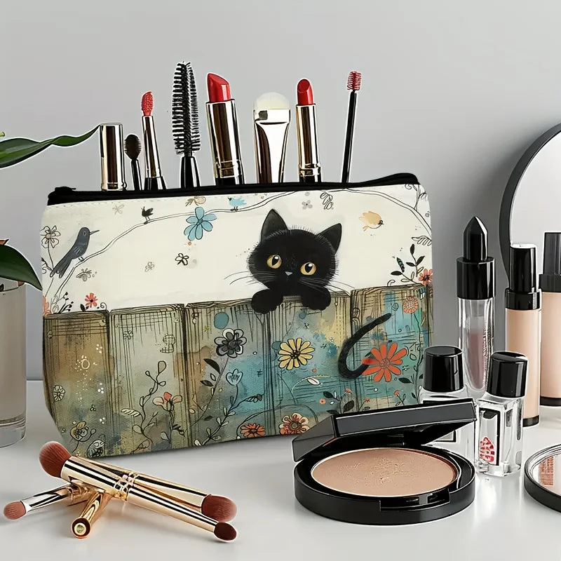 Black Cat Floral Zipper Pouch - Vibrant Fade-Resistant Cosmetic Bag for Cat Lovers