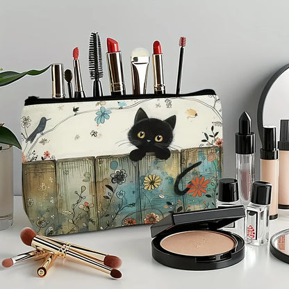 Black Cat Floral Zipper Pouch - Vibrant Fade-Resistant Cosmetic Bag for Cat Lovers