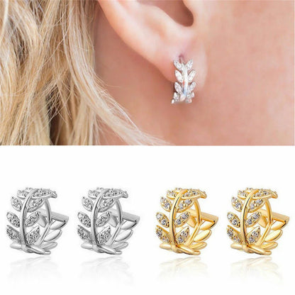 Delicate Leaf Earrings with Shiny CZ – Silver & Gold Color Fashion Hoop Earrings, 2024 Jewelry Gift for Women & Girls