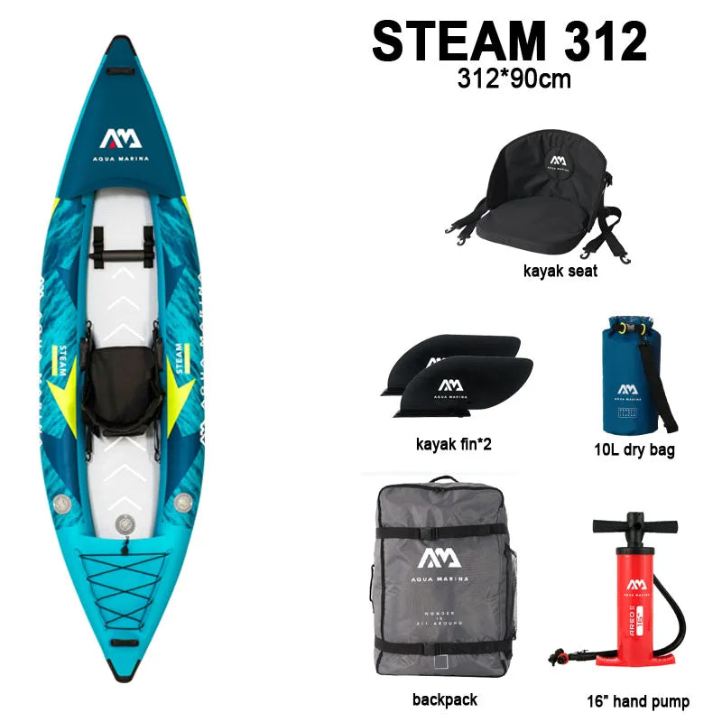 AQUA MARINA STEAM Inflatable Sport Kayak – 1-2 Person PVC Canoe Dinghy Raft with Pump, Seat & Drop Stitch Floor