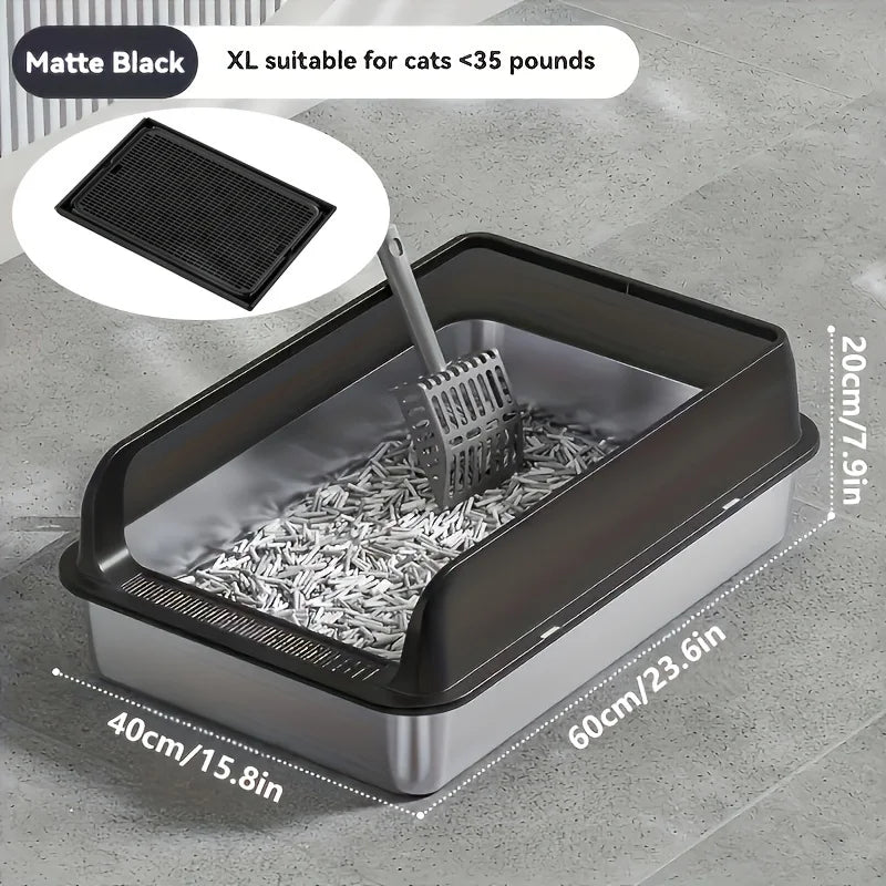 KEMORELA Extra Large Stainless Steel Cat Litter Box with Lid – Enclosed, High-Sided, Leak-Proof Litter Pan with Cat Litter Mat