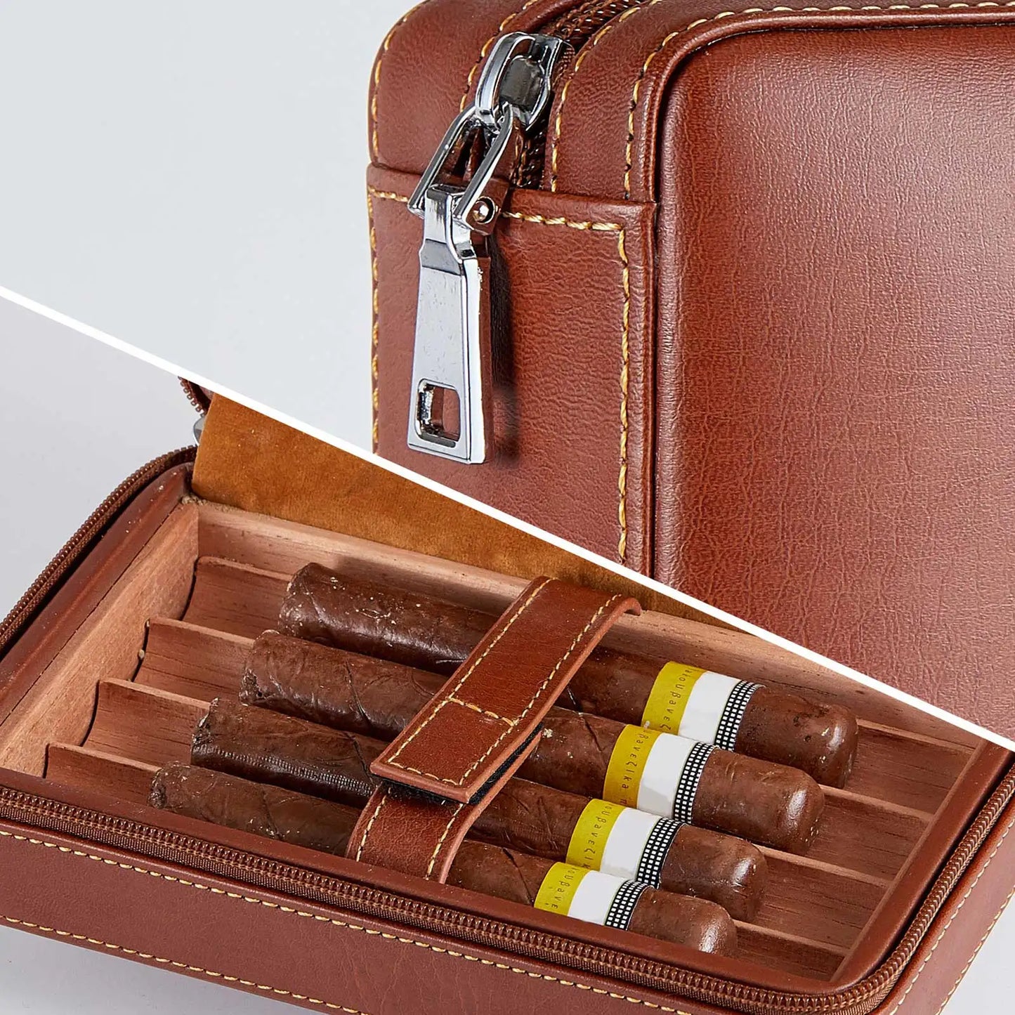Cedarwood Cigar Case – Portable Leather Cigar Box for 4 Cigars, Humidor Kit with Humidifying Holder & Accessories