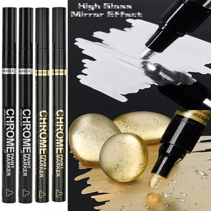 Chrome Paint Marker Pen - Waterproof Gold & Silver Metallic Repair Marker for Glass, Ceramic, Rock & Metal, 2mm Nib