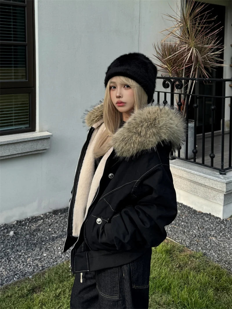 ZAROY Y2K Fur Collar Hooded Parka – Thick Padded Gothic Winter Jacket Streetwear for Men & Women