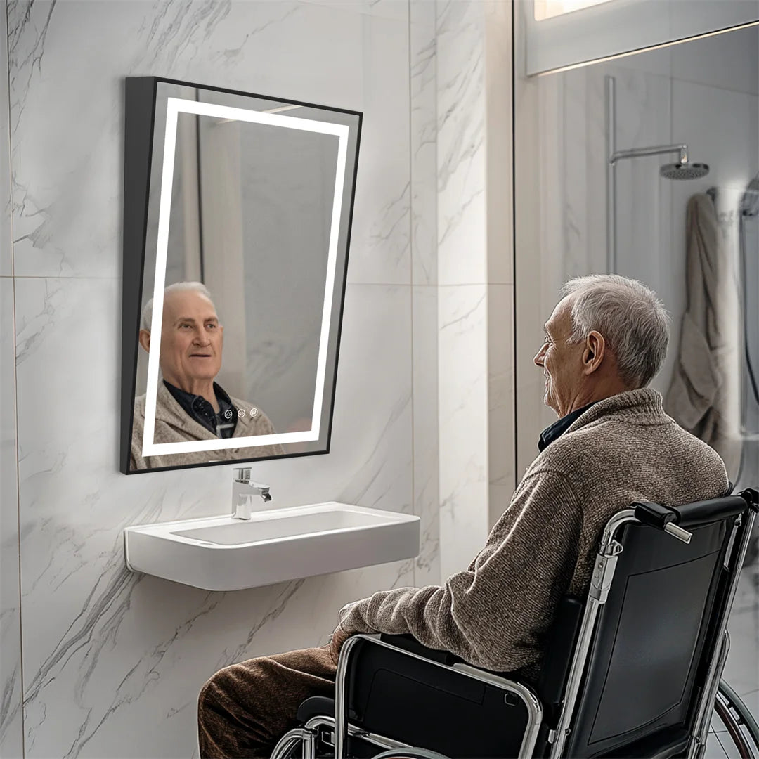 LUVODI LED Tilt Bathroom Mirror – Wheelchair Accessible Anti-Fog Barrier-Free Mirror with 3-Color Lights