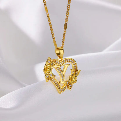 Gold Zircon Heart Initial Necklace – Stainless Steel Letter Pendant Jewelry for Women