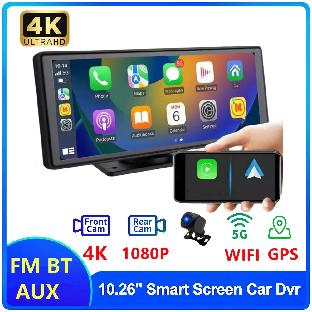 4K 10.26-Inch Dash Cam with Rearview Camera – WiFi CarPlay & Android Auto DVR, GPS Navigation, Dual Lens Mirror Recorder with AUX