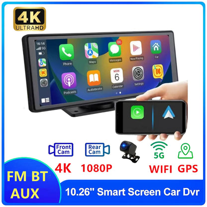 4K 10.26-Inch Dash Cam with Rearview Camera – WiFi CarPlay & Android Auto DVR, GPS Navigation, Dual Lens Mirror Recorder with AUX