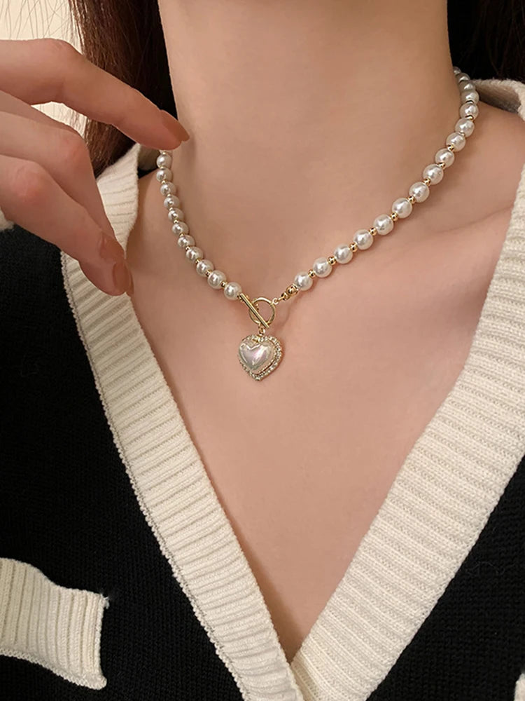 Elegant Pearl Necklace for Women – Heart Pendant Luxury Imitation Pearls Chain, Korean Jewelry Gift for Girls