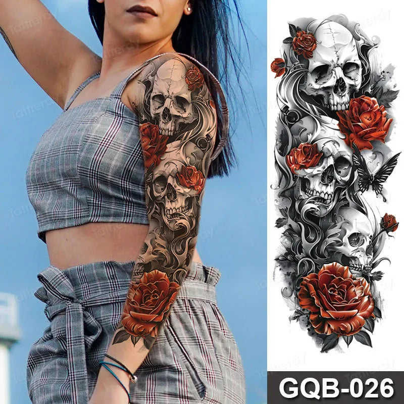 Full Arm Dragon Skull Tattoo Sleeve - Waterproof Temporary Body Art Sticker with Clock Compass Flower Design for Men & Women
