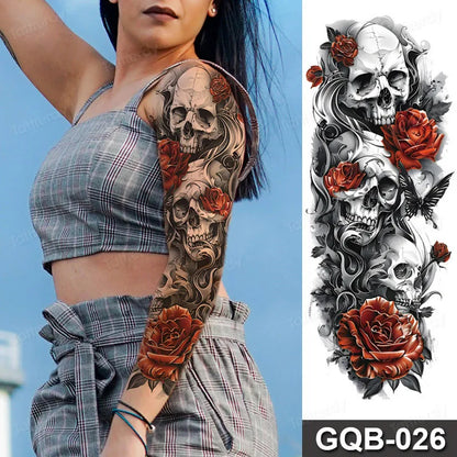 Full Arm Dragon Skull Tattoo Sleeve - Waterproof Temporary Body Art Sticker with Clock Compass Flower Design for Men & Women