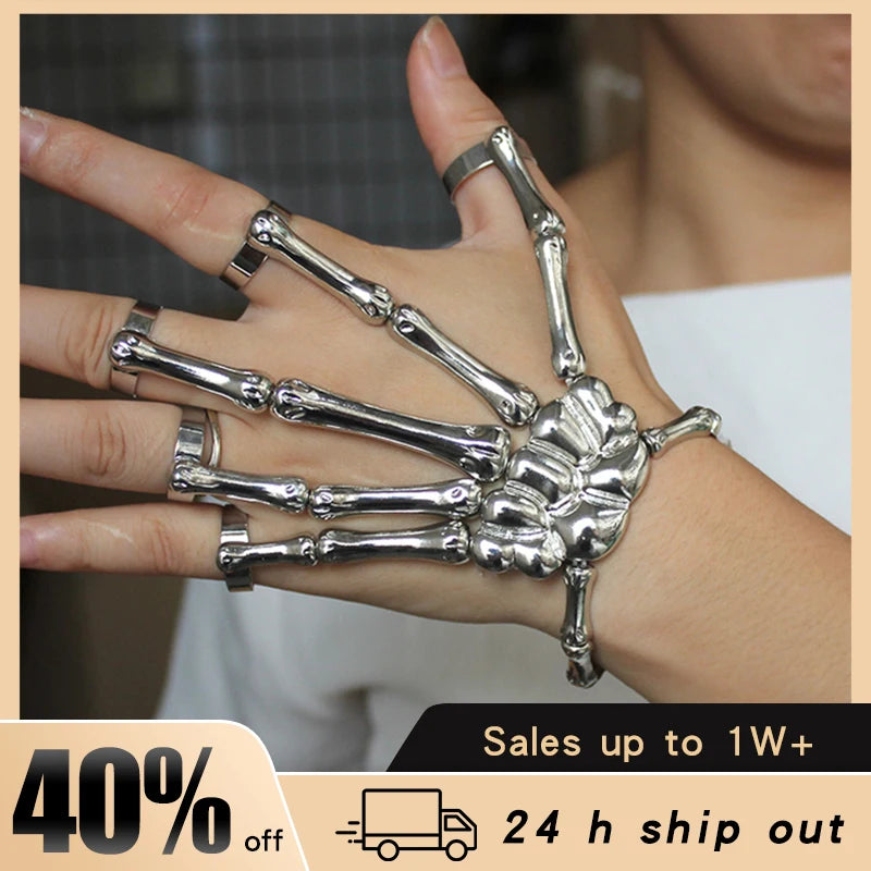Steampunk Skull Skeleton Bracelet – Gothic Adjustable Elastic Bangle for Men & Women Couples Jewelry