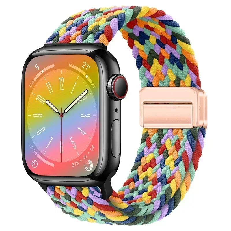 Nylon Braided Loop Apple Watch Band – Magnetic Metal Bracelet Strap for Ultra 2, Series 3–9 & SE (40mm–49mm) Adjustable Wristband