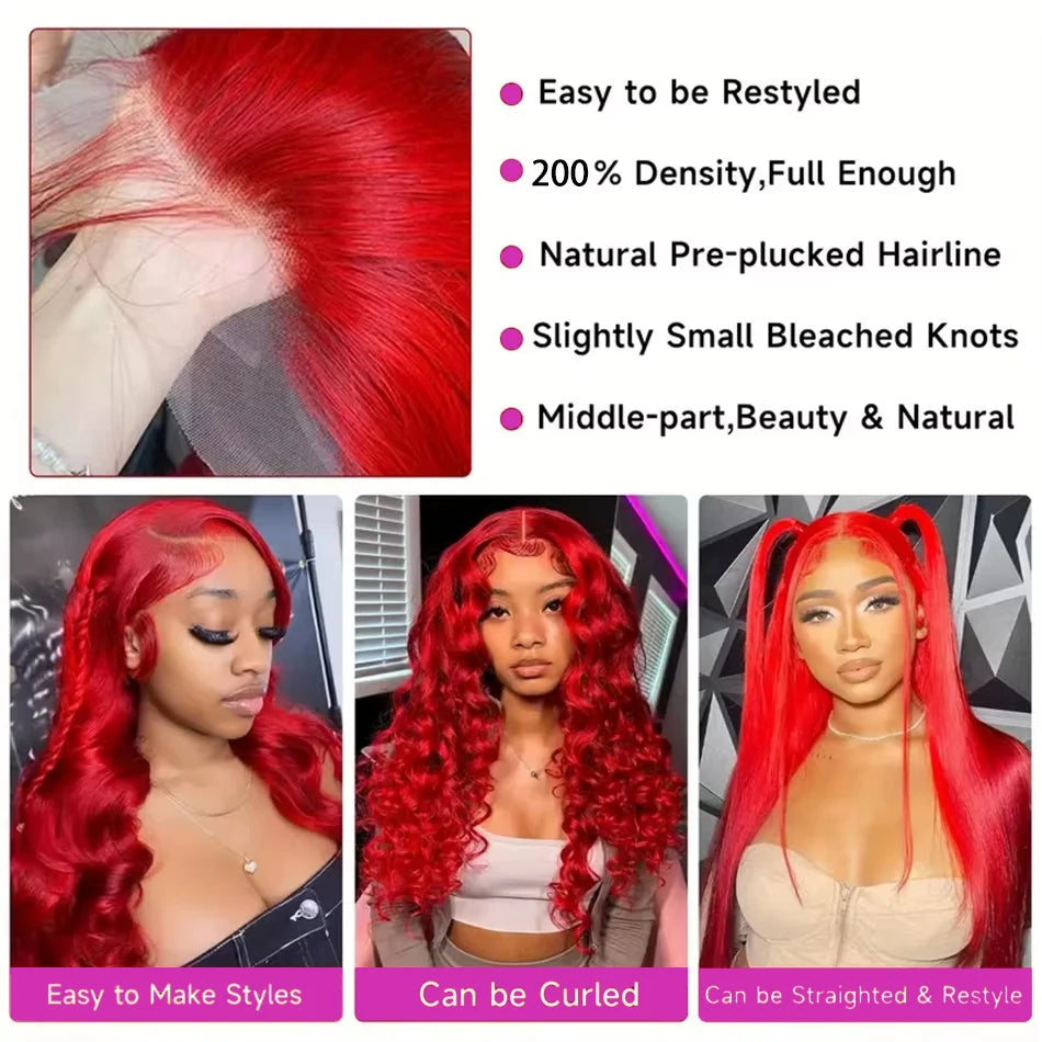 30 Inch Hot Red Body Wave Wig – 13x4 Lace Front, Pre-Plucked Brazilian Human Hair, HD Transparent 13x6 Lace Frontal Wig