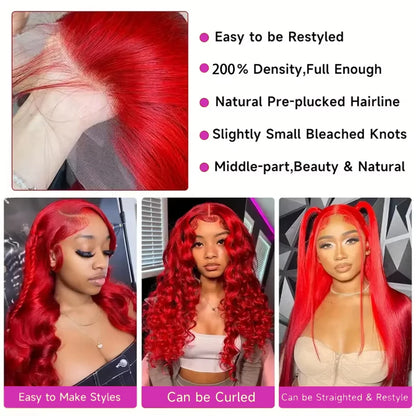 30 Inch Hot Red Body Wave Wig – 13x4 Lace Front, Pre-Plucked Brazilian Human Hair, HD Transparent 13x6 Lace Frontal Wig
