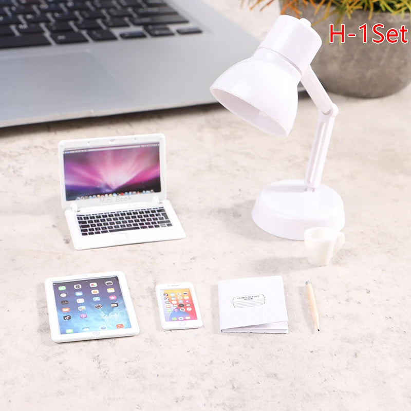 6–7PCS 1:12 Dollhouse Miniature Study Desk Set — Laptop, Phone, Tablet, Lamp & Books Scene Decor