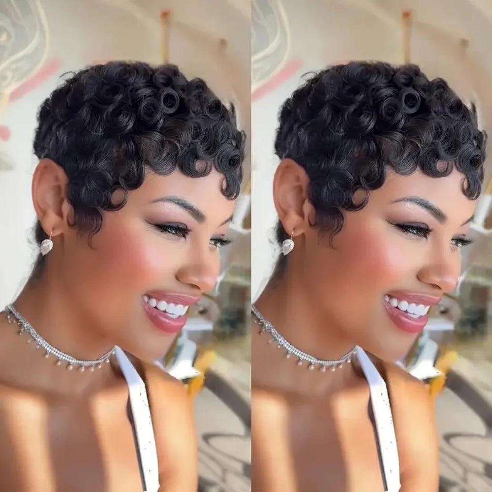Brazilian Remy Human Hair Wig - Short Curly Pixie Cut Full Machine-Made Wig for Women