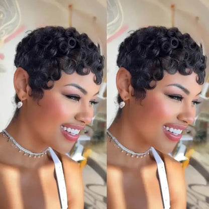 Brazilian Remy Human Hair Wig - Short Curly Pixie Cut Full Machine-Made Wig for Women