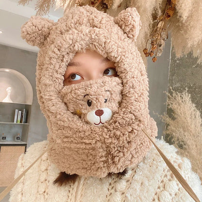Winter Cartoon Bear Lamb Hat with Mask – Thickened Warm Beanie with Ear Protection for Women & Girls