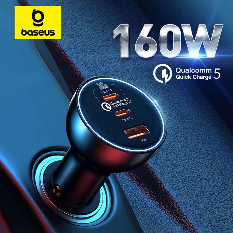 Baseus 160W Car Charger – QC 5.0 Fast Charging PPS PD 3.0 USB-C Multi-Port Car Charger for iPhone 15/14/13 Pro, Laptops & Tablets Quick Charge Adapter