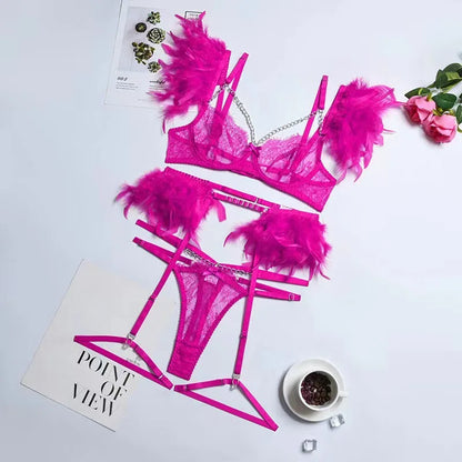 Sexy Lace G-String Lingerie Set - Feather Detail Trikini with Metal Chain and Garter Belt