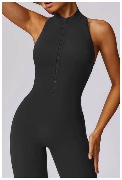 Women’s V-Back One-Piece Sports Jumpsuit — Sleeveless Yoga Romper with Zipper Workout Bodysuit