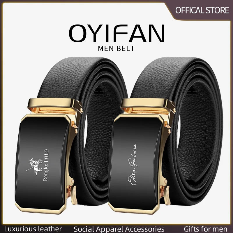 OYIFAN Men’s Genuine Leather Belt – Designer Alloy Buckle Automatic Ratchet Belt