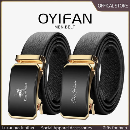 OYIFAN Men’s Genuine Leather Belt – Designer Alloy Buckle Automatic Ratchet Belt