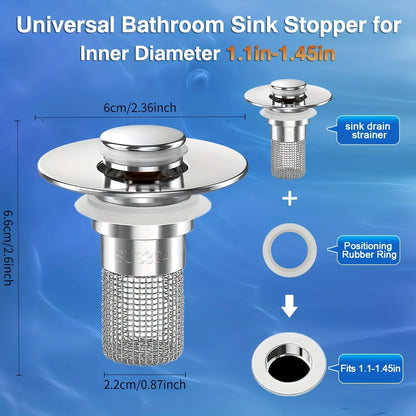 2-Pack Stainless Steel Pop-Up Sink Drain Strainer – Removable Basket Hair Catcher for Bathtub, Shower & Sink Clog Prevention