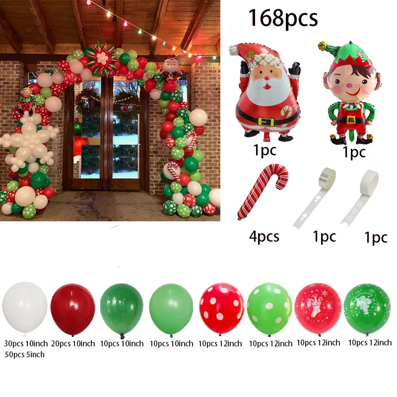 Christmas Balloon Garland Arch – Red & Green Balloons, Star, Santa, and Gift Box Foil Balloons for Xmas and New Year Decoration