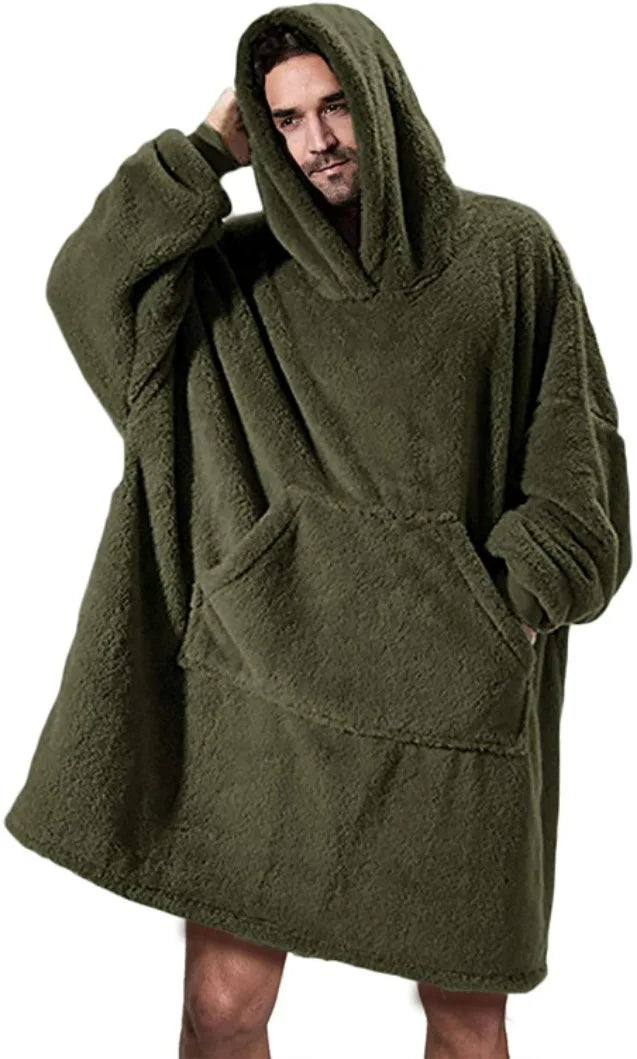 Oversized Fleece Hoodie Blanket - Warm Double-Faced Sherpa Robe with Large Pocket for Women & Men