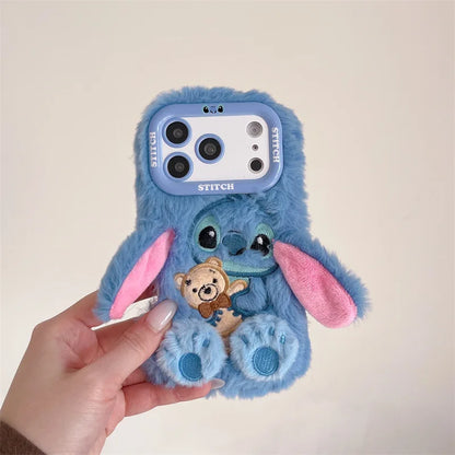 3D Cute Stitch Ear Plush Phone Case – Fluffy Shockproof Cover for iPhone 13–17 Pro Max & Plus