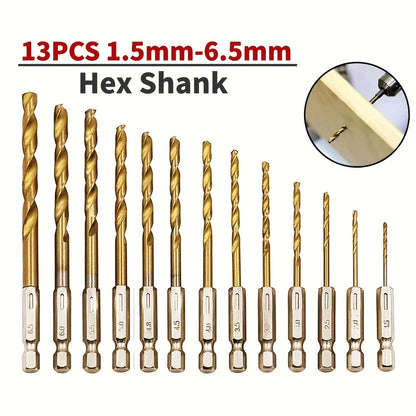 Hexagonal Handle 13-Piece Titanium Twist Drill Bit Set, 1.5-6.5mm Electric Drill and Screwdriver Reaming Tool